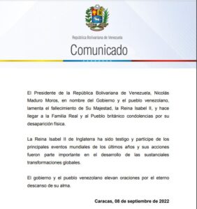 Venezuela extiende condolencias a la Familia Real y pueblo británico por partida física de la reina Isabel II + (Comunicado)