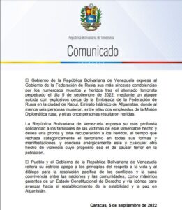 Venezuela expresa sus condolencias a Rusia tras atentado terrorista cerca de su Embajada en Afganistán