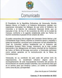Venezuela apoya la reanudación de los diálogos de paz entre el Gobierno de Colombia y el Ejército de Liberación Nacional