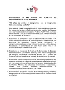 Conoce| La Declaración de la XXII Cumbre del ALBA-TCP en conmemoración de su 18º aniversario