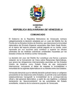 Gobierno de Venezuela rechazó la decisión un Juez de EE.UU. que desconoce la inmunidad diplomática de Alex Saab