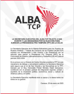 Secretaría Ejecutiva del ALBA-TCP felicitó a San Vicente y Las Granadinas por la Presidencia Pro Tempore de la CELAC