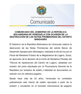 Venezuela celebra la destrucción de las Notas Promisorias del extinto Bandagro