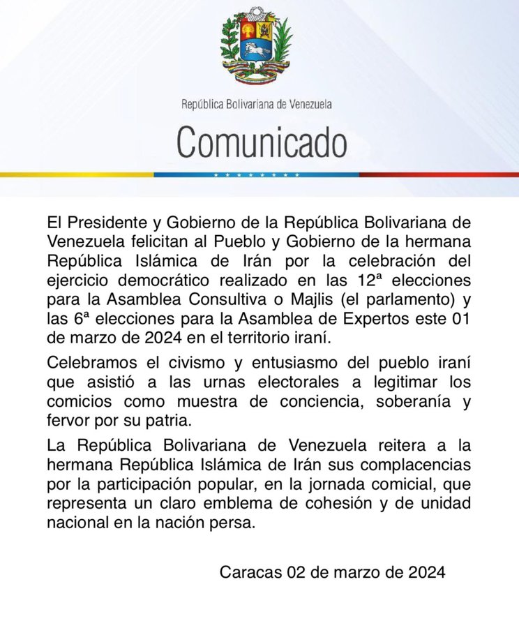 Venezuela saluda elecciones parlamentarias de la República Islámica de