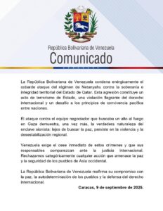 Comunicado: Venezuela condena ataque de Israel a Qatar